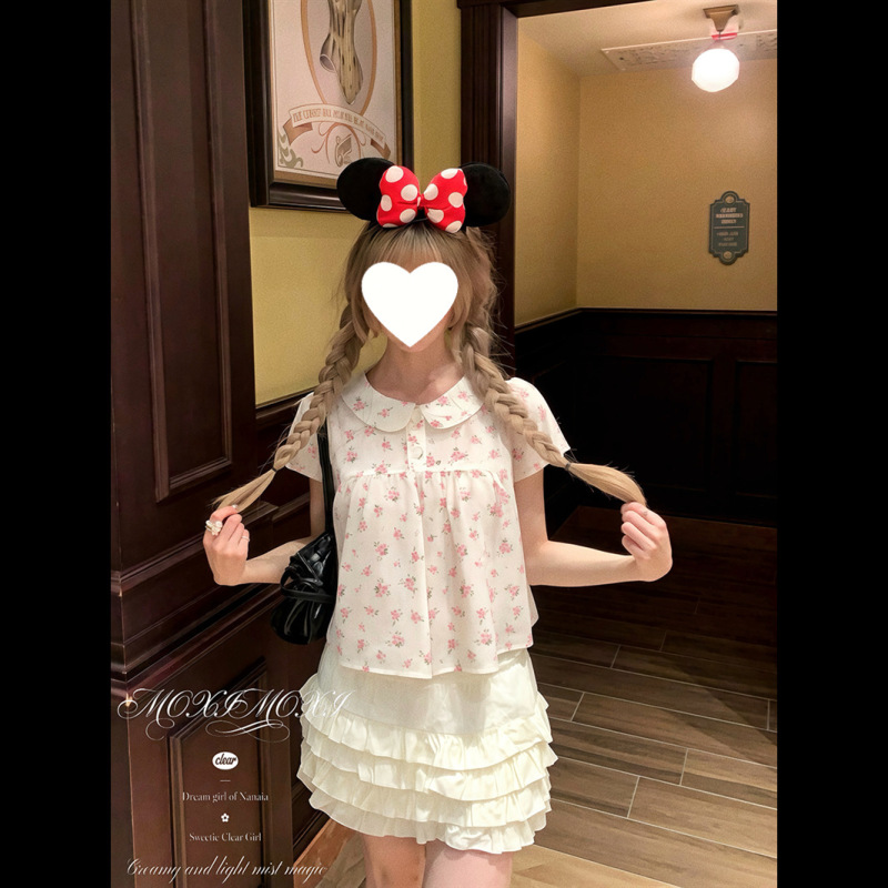 Floral Peter Pan Collar Shirt, Loose Casual Versatile Top, Slimming Korean Style, Sweet Thin Summer Style for Girls Floral Peter Pan Collar Shirt, Loose Casual Versatile Top, Slimming Korean Style, Sweet Thin Summer Style for Girls