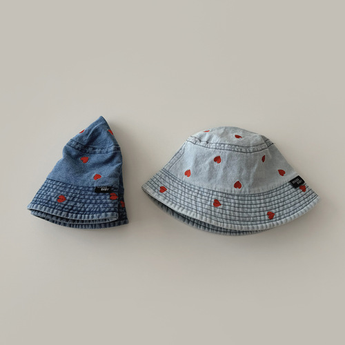 Qiu Nan Korean Children's Fisherman Hat Spring/Summer 2024 New Ins Heart-Shaped Design Girls' Sun Hat Denim Cap