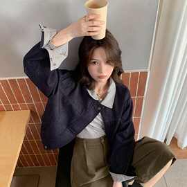 条纹翻领牛仔外套2026秋冬季新款日韩时尚内里加厚上衣女装86351