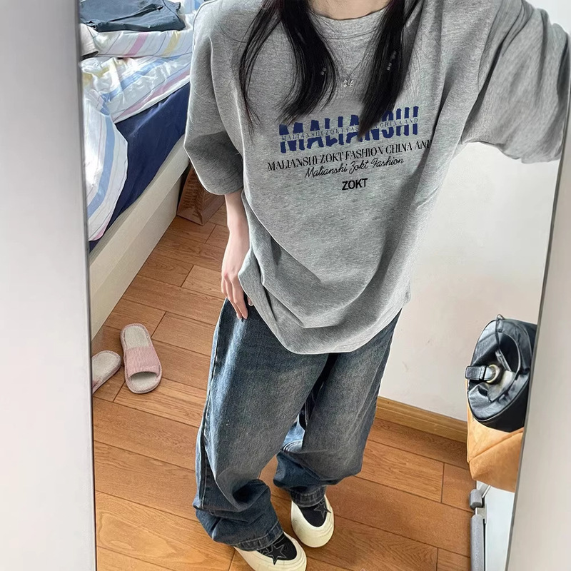Pure Cotton Summer Gray Short-Sleeved T-Shirt for Women 2026 New Style Loose Design Lazy Style American Fashion Brand Top Clothing