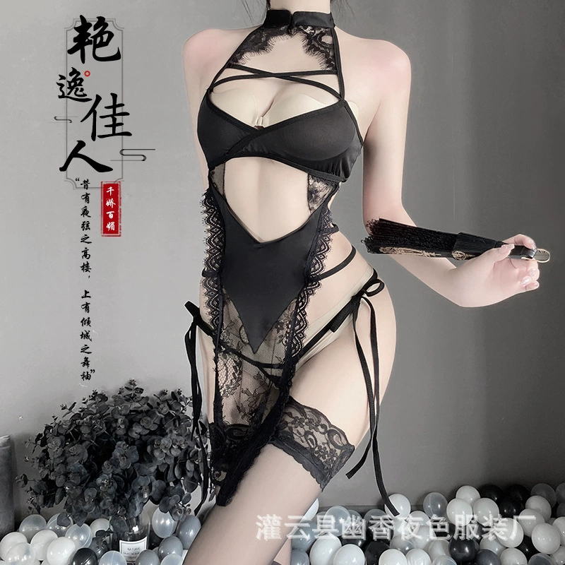 Көктай Cheongsam-Style Lace Bodysuit, Women's Sexy Lingerie, One Size, Black