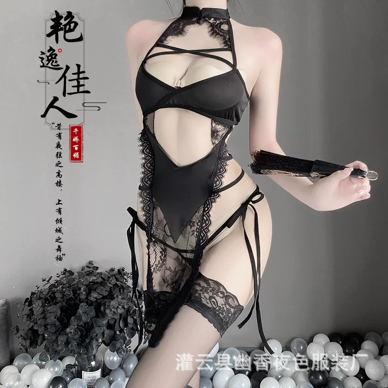 Көктай Cheongsam-Style Lace Bodysuit, Women's Sexy Lingerie, One Size, Black