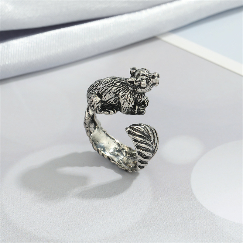 Retro Punk Butterfly Hedgehog Owl Frog Ring Female Ancient Silver Animal Open Ring display picture 6