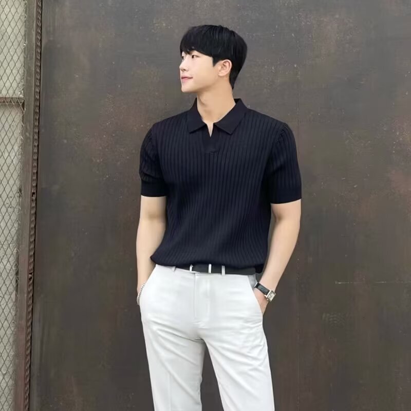 Wow, Custom Korean-Style Slim-Fit Lapel Summer Mature Polo Shirt for Men, Trendy Knitted Top, Solid Color Casual T-Shirt