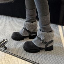冬季新款牛反绒厚底雪地靴~圆头加厚绒里皮带扣粗高跟毛毛靴短靴