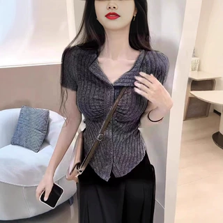 网红温柔减龄针织衫辣妹夏季短袖翻领设计修身显瘦气质开衫上衣女