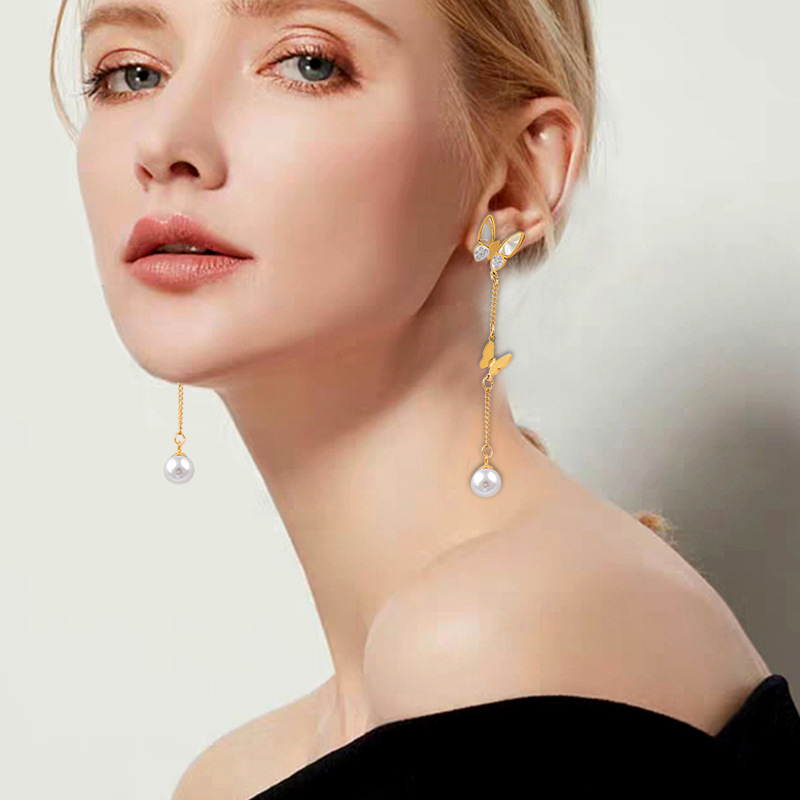 Fashion Butterfly Titanium Steel Inlay Shell Pendant Necklace 1 Piece 1 Pair