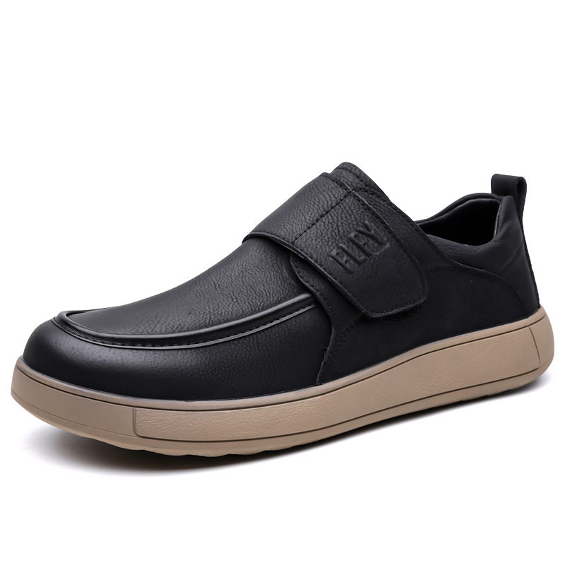 Giày lười nam da PU kiểu retro, quai dán Velcro, form rộng thoải mái, đế cao su êm chân — Màu đen, màu vàng