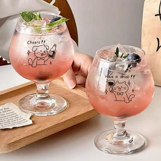 原创韩式可爱小狗ins风玻璃高脚杯甜品酒杯果汁杯精酿啤酒杯高脚