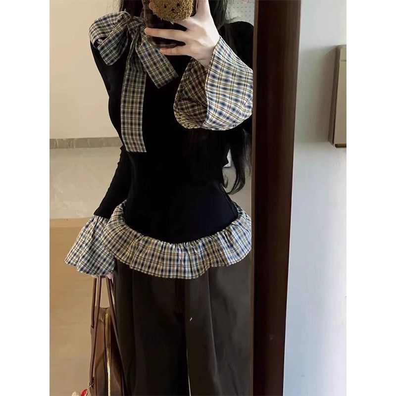 韩系chic假两件长袖t恤女春秋新款格纹拼接修身内搭打底衫上衣潮|undefined
