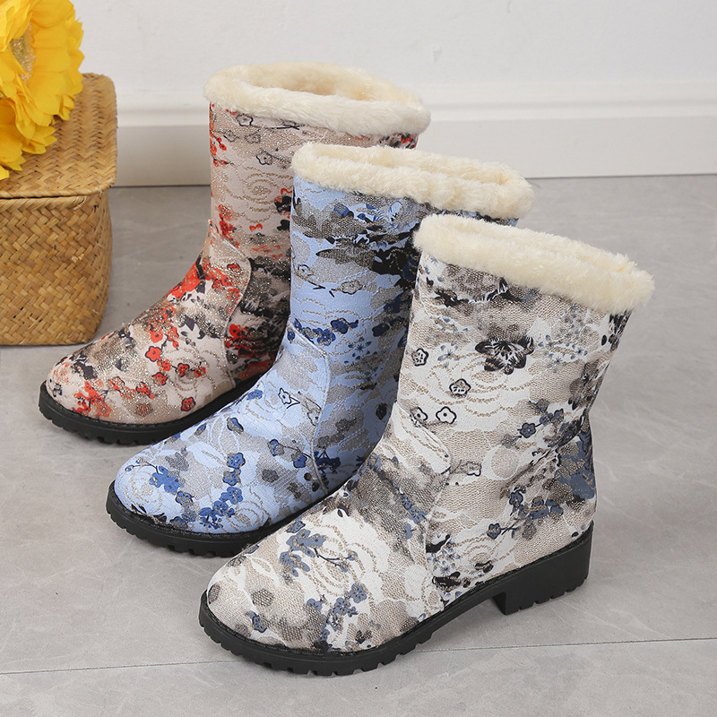 Botas de neve femininas plus size com design floral para aquecimento e proteção_voghion.com