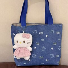kitty猫新款可爱牛仔通勤收纳拎包撞色大容量便携便当外出手提包