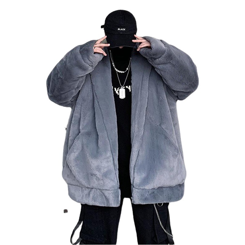 Spot Cross-border Foreign Trade Large Size Trendy Loose Imitation Rabbit Fur Hooded Mao Mao Casual Cotton-padded Jacket Thickened Men's Cotton-padded Jacket