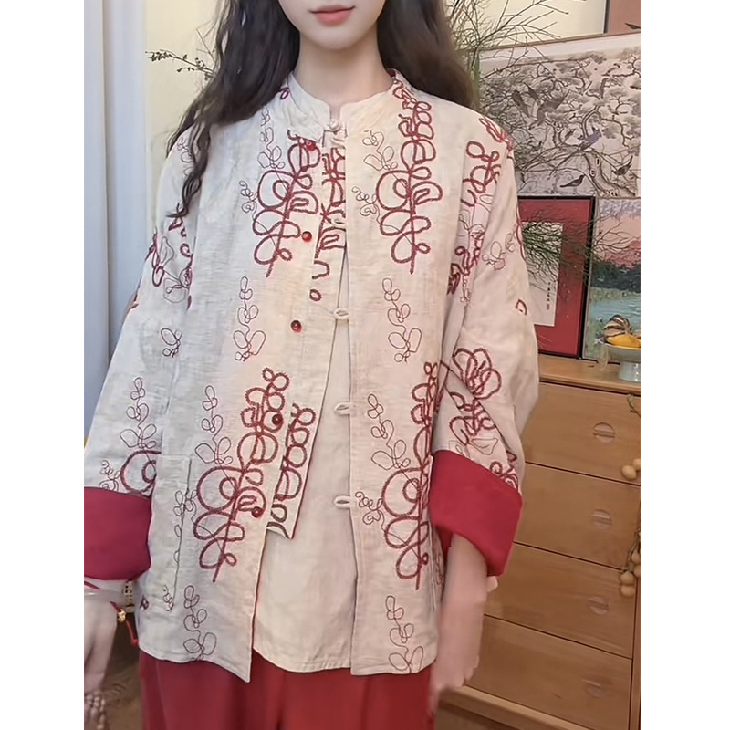 新中式红色印花衬衫外套女2025秋季新款独特超好看唐装盘扣上衣潮|undefined