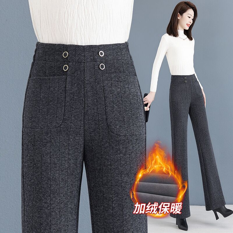 羊毛呢阔腿裤女2025秋冬季新款高腰直筒窄版加绒加厚休闲微喇裤子