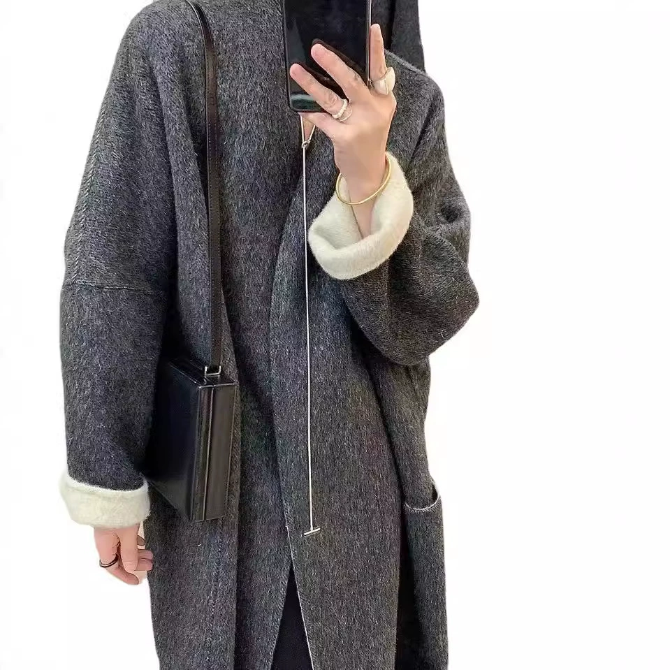 Двустороннее двуцветное шерстяное длинное пальто, mid-length