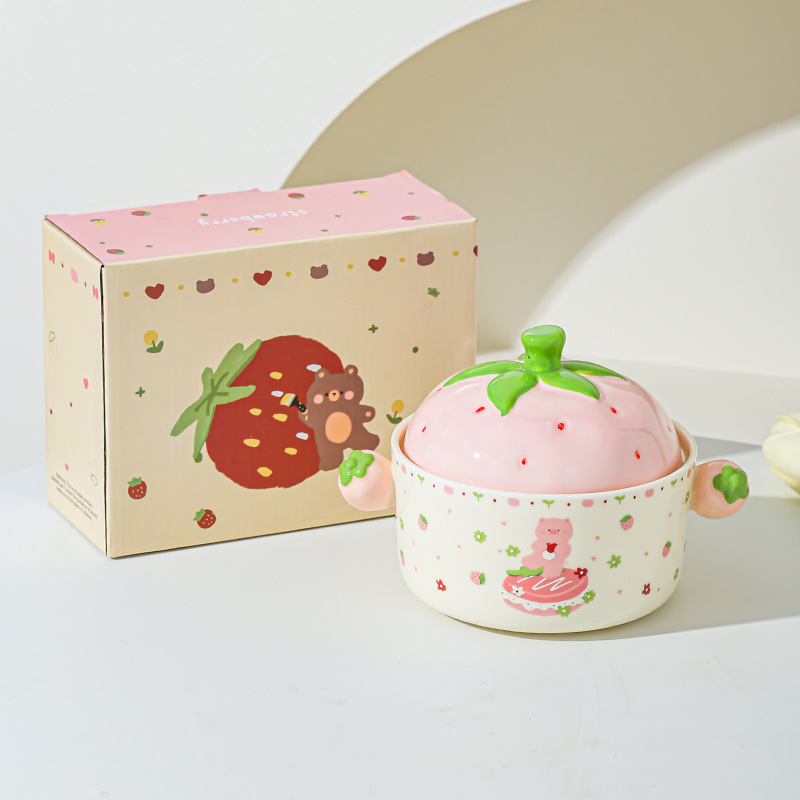 Cartoon Strawberry adorable tazón de fideos de chicas bolos de fideos caseros bolos de cerámica de doble oreja con cubierta cubierta de platos de regalo set de platos
