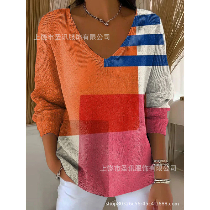 欧美跨境独立站新款3D印花女士时尚渐变色V领长袖T恤上衣|undefined