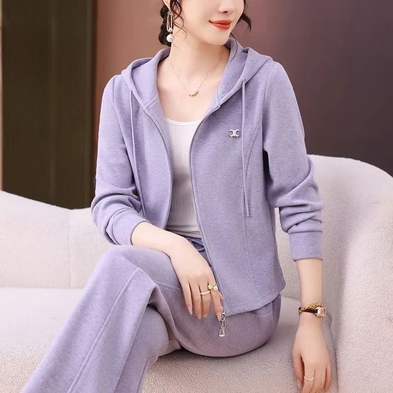 Cross-Border Casual Wear Two-Piece Set 2025 Autumn New Cardigan Hooded Sweatshirt Slimming Sports Suit Women's Trend