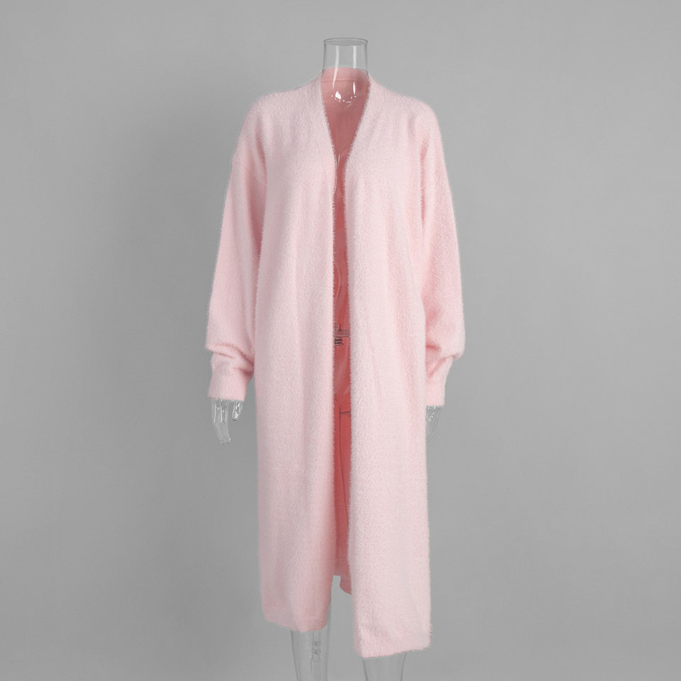 Áo cardigan len lông mềm dáng dài rộng cổ chữ V tay dài — hồng, màu xám, quần kaki chi tiết 9