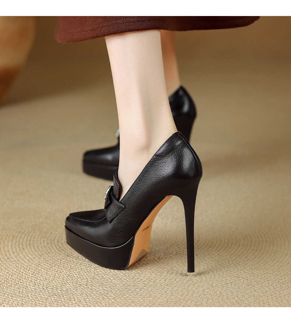 Giày cao gót nữ mũi nhọn gót siêu cao 12 cm đế dày da thật — Đen mờ, Da đen chi tiết 8