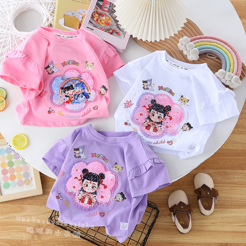 Girls' New Summer Sleeve Short-sleeved T-shirt with Reversible Change Pattern Sequins for Summer Fashionable Half-sleeved Shirt Girls' New Summer Sleeve Short-sleeved T-shirt with Reversible Change Pattern Sequins for Summer Fashionable Half-sleeved Shirt