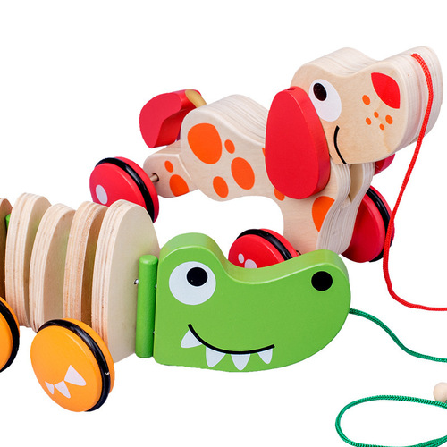 Wooden Pull-along Puppy Crocodile Toy for Infants and Toddlers 1-2-3 Years Old Pull Cord Walking Training Pull Cart
