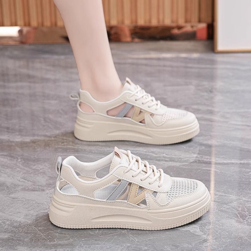 Zapatos individuales para mujer 2025 nuevo estilo de verano, suela gruesa, zapatos blancos deportivos huecos, suela suave, sin cansancio, cordones de pie, resistentes al desgaste