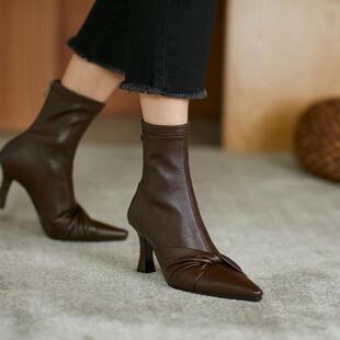 Pointed Ankle Boots Women's 2024 New Autumn and Winter High-heeled Naked Boots All-match Internet-famous Sexy Thick-heeled Stretch Thin Boots