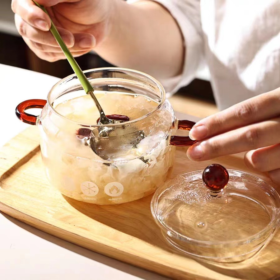 Pequeña taza de guiso de vidrio de estilo chino de doble oído de vidrio de borosilicato para el hogar pequeña taza de guiso 400ML taza de guiso de vidrio para el hogar