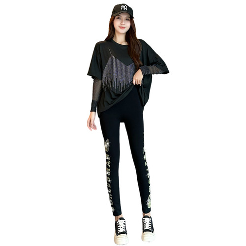 Spring Thin Layered Embroidered Diamond Women's Outerwear Modal Seven-Divided Tight Pant Hip-Lifting Breathable Casual Pants