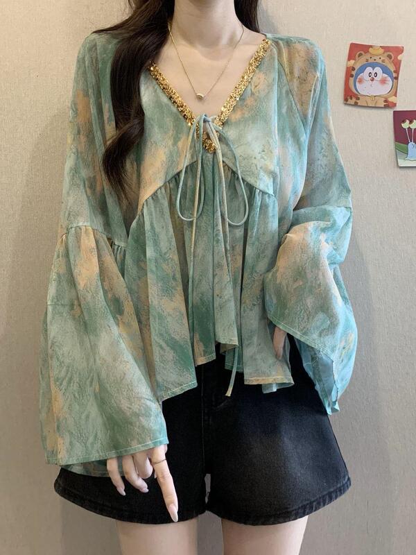 Plus-Size Sequin Gradient Sun-Protective Chiffon Shirt for Women, Summer 2026 New V-Neck Tummy-Covering Blouse Top Plus-Size Sequin Gradient Sun-Protective Chiffon Shirt for Women, Summer 2026 New V-Neck Tummy-Covering Blouse Top