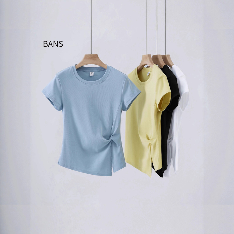 Summer French Age-Reducing Round Neck Right Shoulder Short-Sleeved T-Shirt Slim Design Pleated Asymmetrical Elegant Top for Women