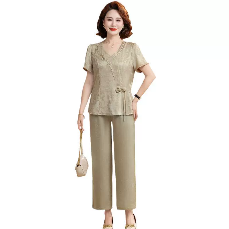 Модный летний костюм для свекрови в китайском стиле для женщин, летний костюм для мам среднего возраста, новый китайский жаккардовый топ из двух предметов.