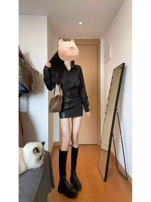 辣妹纯欲套装女秋季高级感气质翻领长袖衬衫收腰包臀pu皮裙两件套|undefined