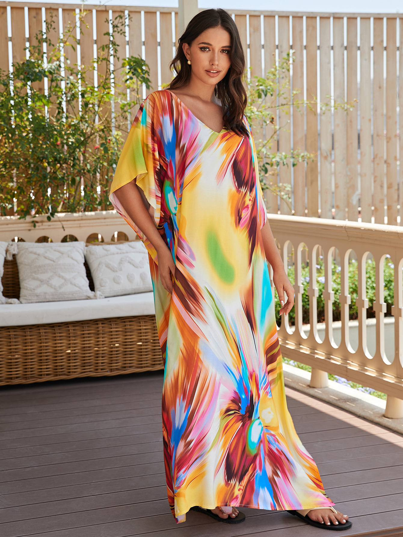 Rochie de plajă lungă kimono dama boho viscoză tie-dye_voghion.com