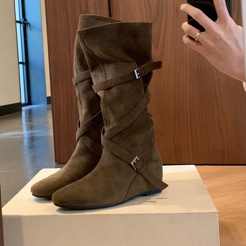 In-Stock Small Sizes 31, 32, 33, Height-Increasing 6cm Stylish Buckle Ruched Mid-Calf Boots for Women, Spring and Autumn, Below the Knee, Pleated Western Boots In-Stock Small Sizes 31, 32, 33, Height-Increasing 6cm Stylish Buckle Ruched Mid-Calf Boots for Women, Spring and Autumn, Below the Knee, Pleated Western Boots