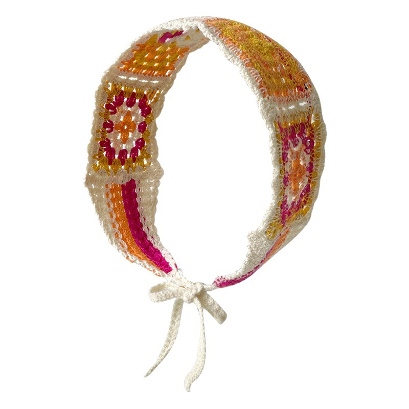 Nuevo colorido estilo étnico hecho a mano de ganchillo tejido banda de pelo de ala ancha estilo pastoral retro de las mujeres banda de pelo bolsa pañuelo sombrero