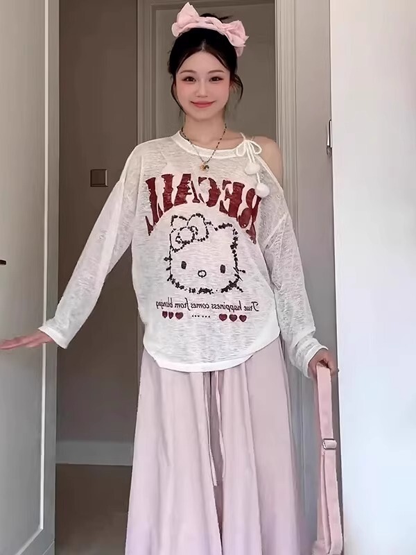 自社工場在庫あり甘いホットガール漫画日焼け止めブラウス女性の夏ルーズ怠惰な長袖 Tシャツオフショルダートップ|undefined
