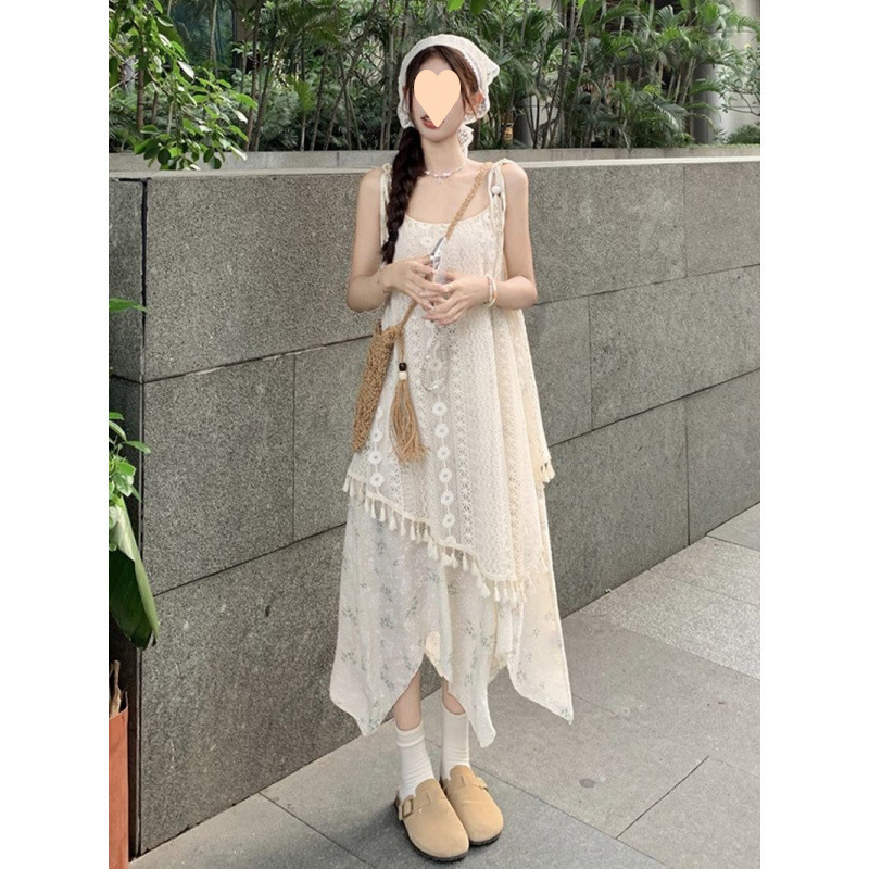 Seaside Resort Style Fake Two-Piece Suspender Dress for Women Summer Temperament Fairy Print Tassel Irregular Beach Long Dress