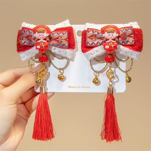 2024 Chinese New Year Cute Butterfly Knot Hair Clip for Girls and Children, Round Bun Hair Clip with Tassel, Festive Hair Accessory