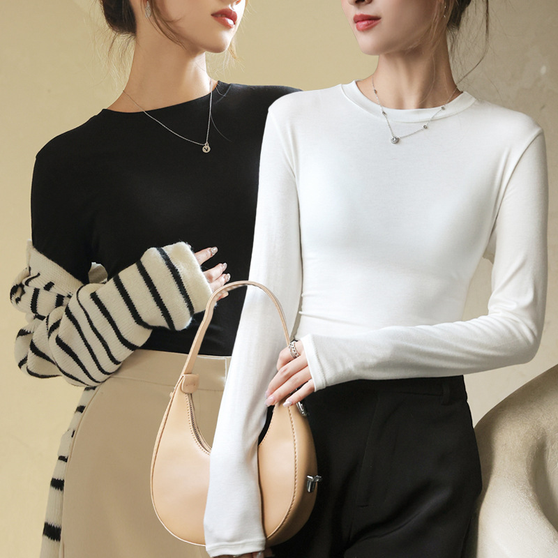 Douyin Spring and Autumn Modal Cotton Round Neck Easiest for Match Bottoming Shirt Women's Autumn and Winter Black Long Sleeve T-Shirt Women's T-Shirt Douyin Spring and Autumn Modal Cotton Round Neck Easiest for Match Bottoming Shirt Women's Autumn and Winter Black Long Sleeve T-Shirt Women's T-Shirt