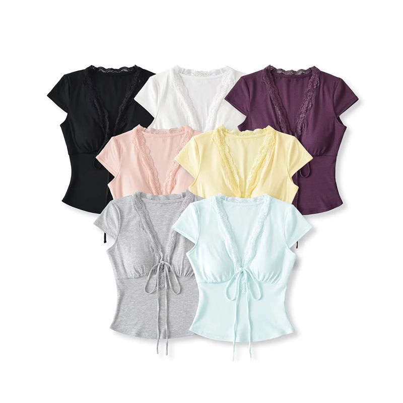 Lace V Neck Lace-Up Sexy Short-Sleeved T-Shirt for Women Summer 2025 New Pure Desire Waist Belt Chest Pad Slimming Look Top