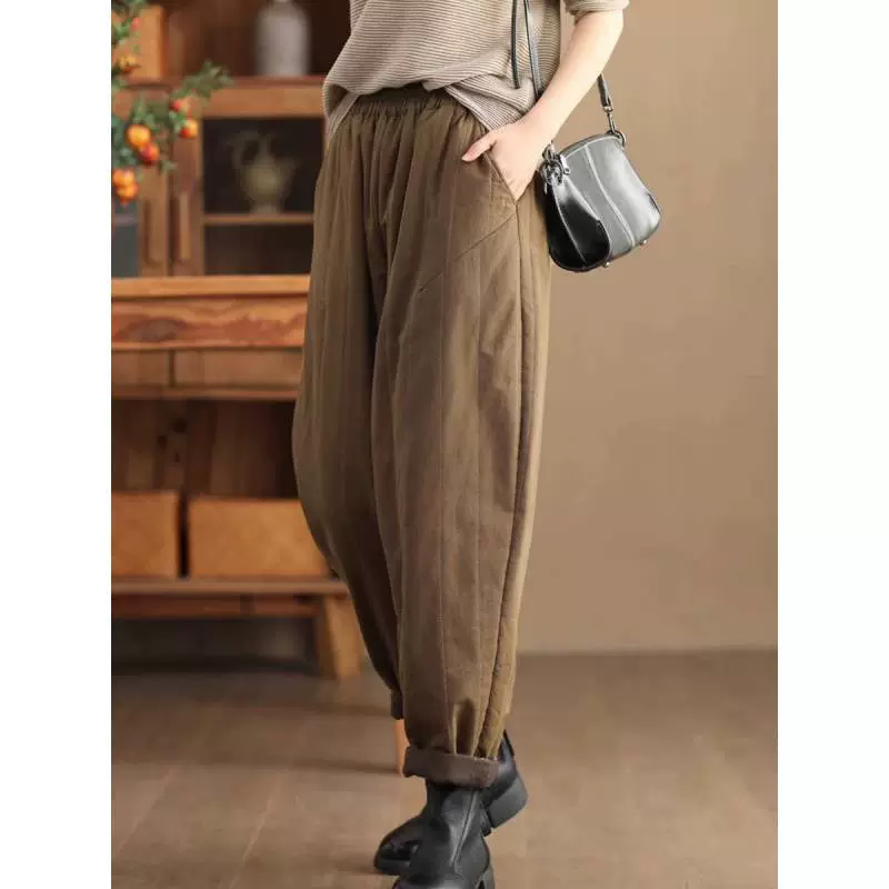 Зимние ретро эластичный обшитый шнуры хлопчатобумажные шаровары женские текстурные толстые хлопчатобумажные брюки Синьцзян длинный бархатный хлопок утолщенные хлопчатобумажные брюки теплые брюки