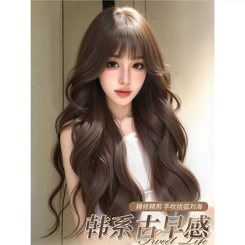 假发全头套女仿真人发丝无痕前额大头皮齐刘海大波浪长卷发假发套
