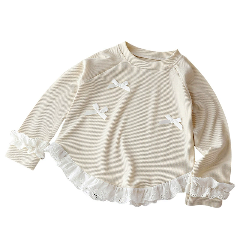 Children's Long-Sleeve Top, Korean-Western Style, Bow & Lace Trim — Autumn Sizes 80–150 cm