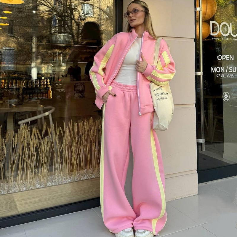 Cross-Border Casual European and American Women's Color Matching Suit Zipper Stand Collar Cardigan Jacket Elastic Sports Pants Striped Two-Piece Set