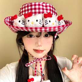 休闲kitty红格子盆帽大帽遮阳防晒帽子y2k甜美可爱渔夫帽女百搭夏