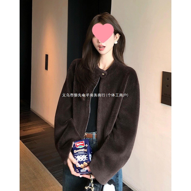秋冬季中古拉链仿羊羔毛立领短皮草冬新圆领新潮百搭显瘦外套