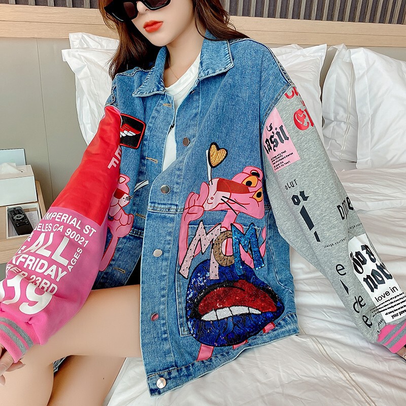 Thai Trendy Brand New Denim Jacket for Women, Cartoon Style, Stylish Sequins, Loose Workwear, Color-Blocking Top, Spring Jacket